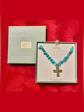 NWT ATTERRI Turquoise beads chain Cross Semi Precious Stone 14" Necklace